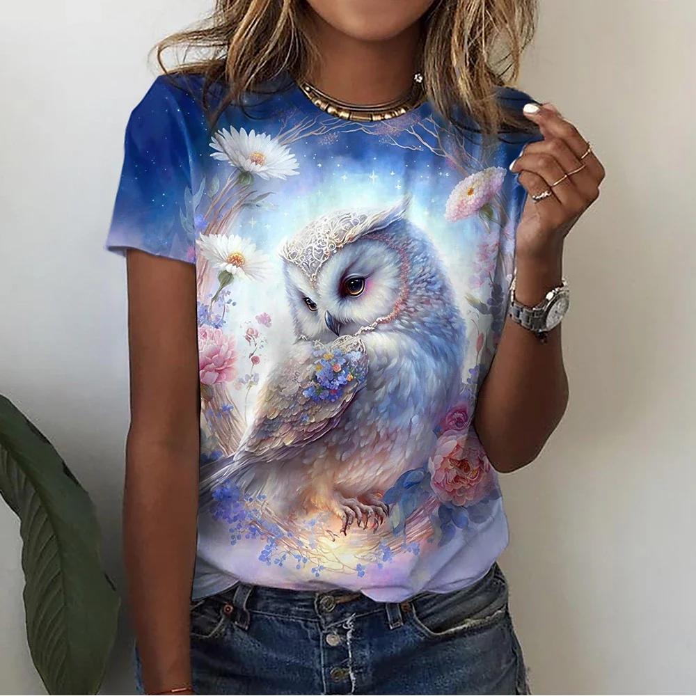 Vintage Animals Print Women's T Shirts Summer Fashion Short Sleeve Top 3d Owl Print Oversized Female Clothing Ladies Holiday Tee