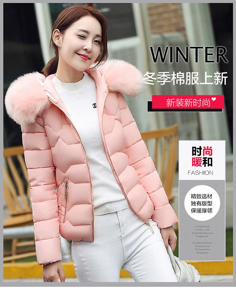 New short women's cotton-padded jacket with big fur collar and hooded short slim-fitting thin down cotton-padded jacket for women