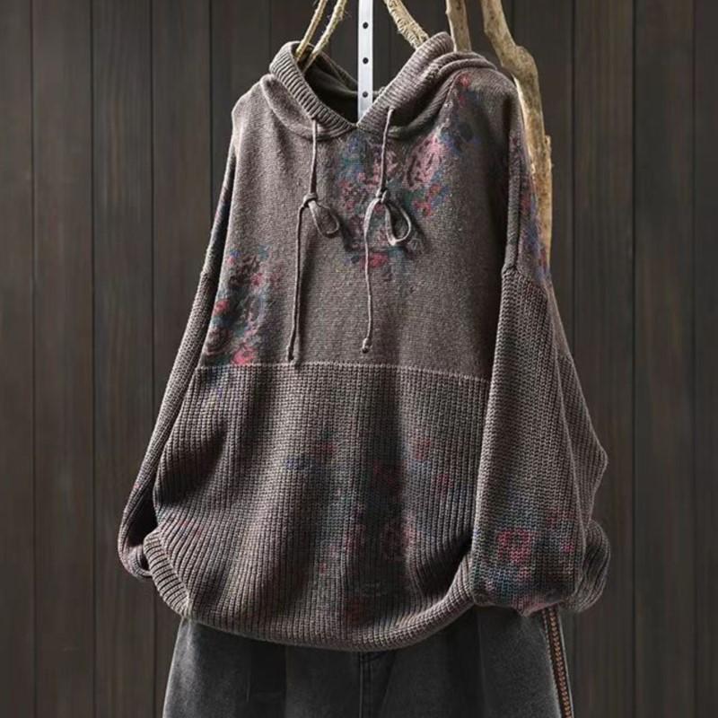 Johnature Женские винтажные вязаные свитера с капюшоном, принтованные цветочные ткани, весенние свободные мягкие свитера с длинным рукавом