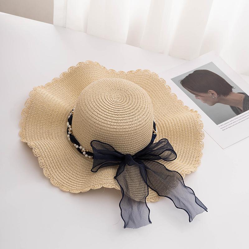 Elegant Women's Sun Hat with Mesh Trim & Faux Pearl Ribbon - Wide Brim, UV Protection Straw Beach Cap for Travel