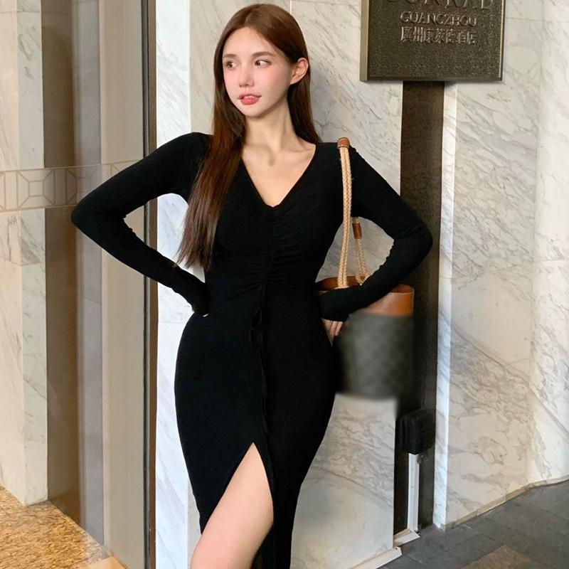 Women's Dress Long Sleeve V-neck Slim Sexy Black Drawstring Dress Solid Color