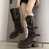 Панк Металлическая Пряжка Толстая Подошва Длинные Мотоциклетные Сапоги Женские 2025 Зима Массивная Платформа Сапоги до Колена Дизайнерская Обувь Y2K