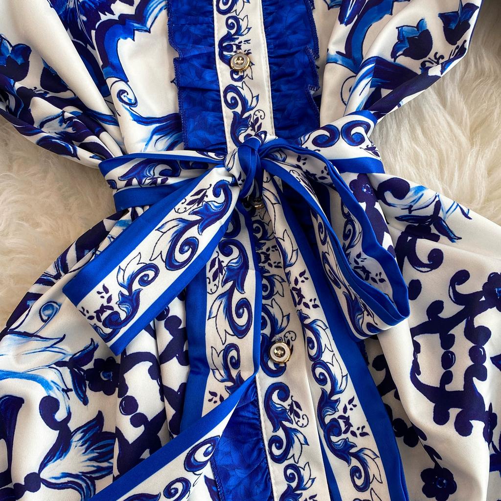 Весна-Осень, желтый, красный, синий и белый фарфоровый халат с принтом, женские вечерние платья с расклешенными рукавами и поясом на шнуровке