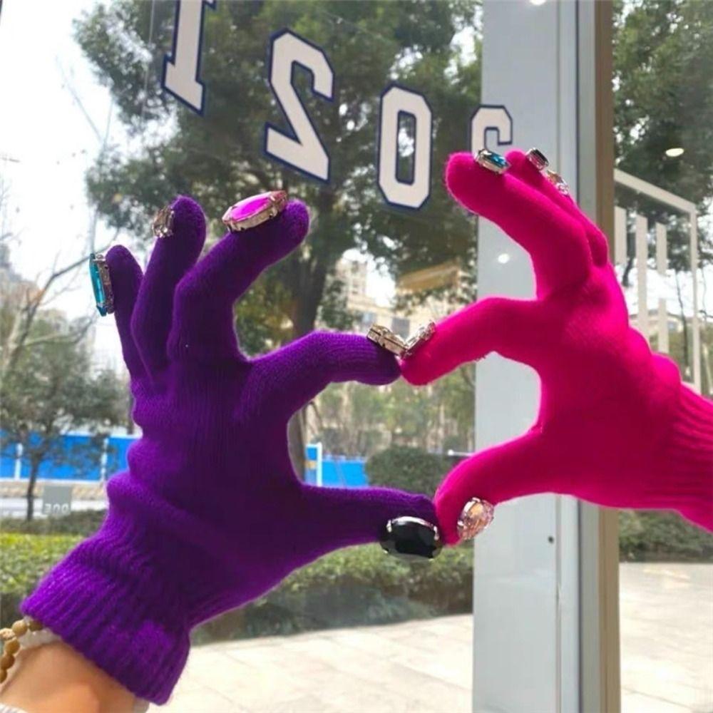 Glitter Finish Rhinestone Knitted Gloves Multi-Color Women Cycling Gloves Outdoor Use