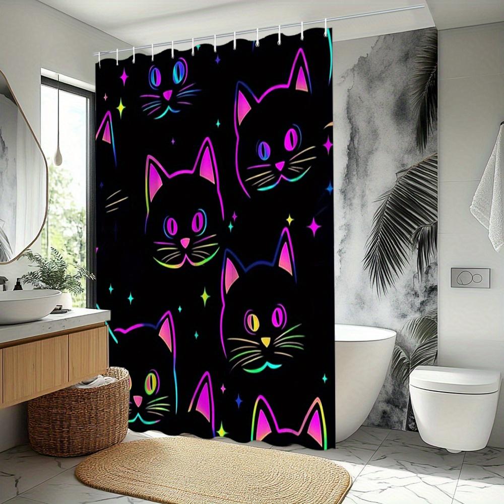 Cats Shower Curtain Colorful Glowing Cat Faces on Black, Retro Futuristic Art Bath Curtain for Modern Home and Bathroom Decor