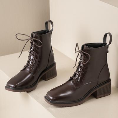 2024 Осень и Зима Новая Мода Однотонные Женские Ботинки Французский Высокий Каблук Короткие Ботинки На Шнуровке Нишевые Универсальные Квадратный Носок
