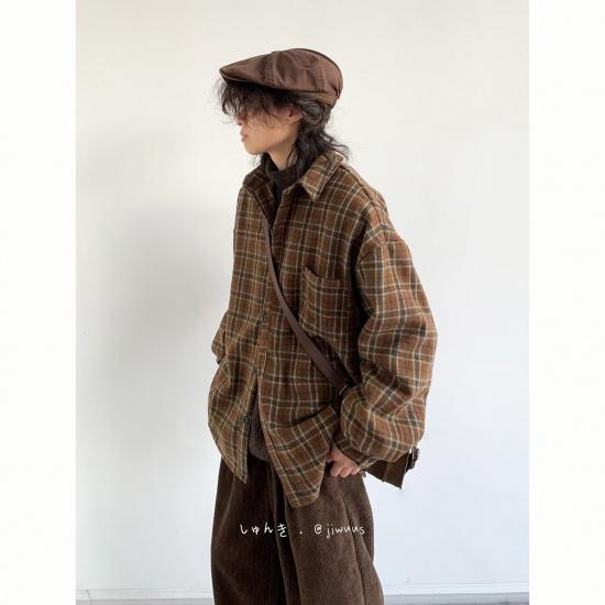 Осенне-зимняя японская клетчатая рубашка, мужская и женская шерстяная свободная рубашка в студенческом стиле, повседневная минималистская рубашка с длинным рукавом, пальто