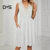Women's Summer Dress V Neck Sleeveless Midi Dresses with Pockets Casual Boho Beach Vacation Sundresses