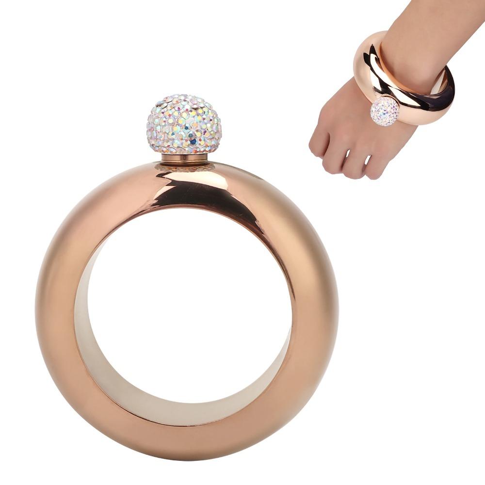 Stainless Steel Alcohol Jug Bracelet Gold Rhinestones Lid Bangle Hip Flask Bars