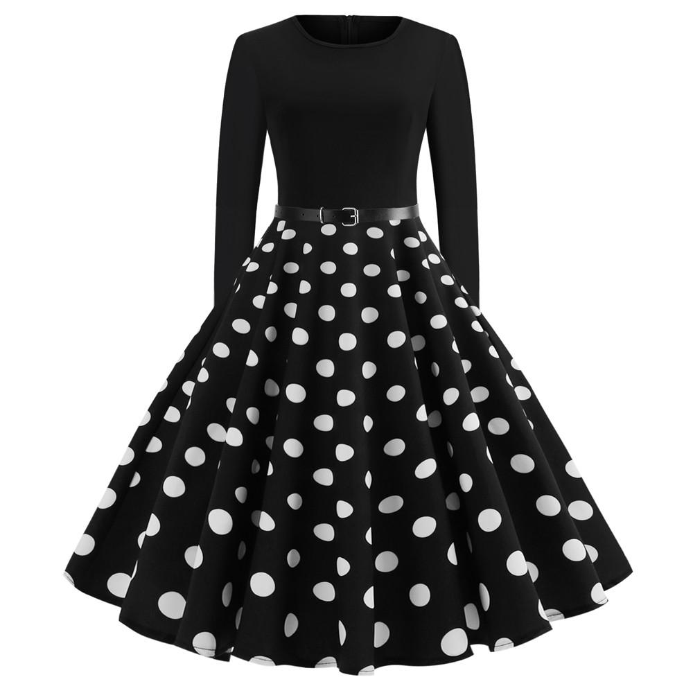 Women Vintage Long Sleeve O Neck Evening Dot Printing Party Prom Swing Dress