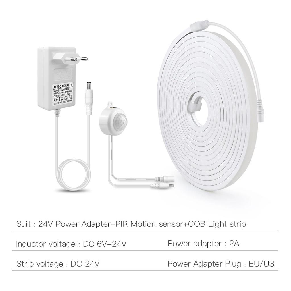 Ультраяркая светодиодная лента COB 24 В с датчиком движения PIR, 320 светодиодов/м, водонепроницаемая неоновая лента, лампа 3000K, 4000K, 6000K