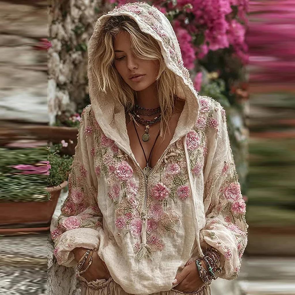 Женский модный худи с длинными рукавами, винтажным цветочным принтом, повседневный свитшот