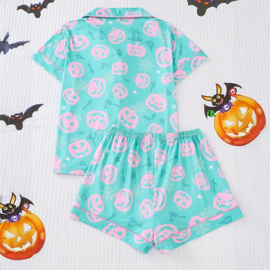 Комплект женской пижамы на Хэллоуин с принтом призрака и тыквы, рубашки с коротким рукавом на пуговицах и шорты, комплект одежды для сна из 2 предметов, домашняя одежда, короткий комплект пижамы