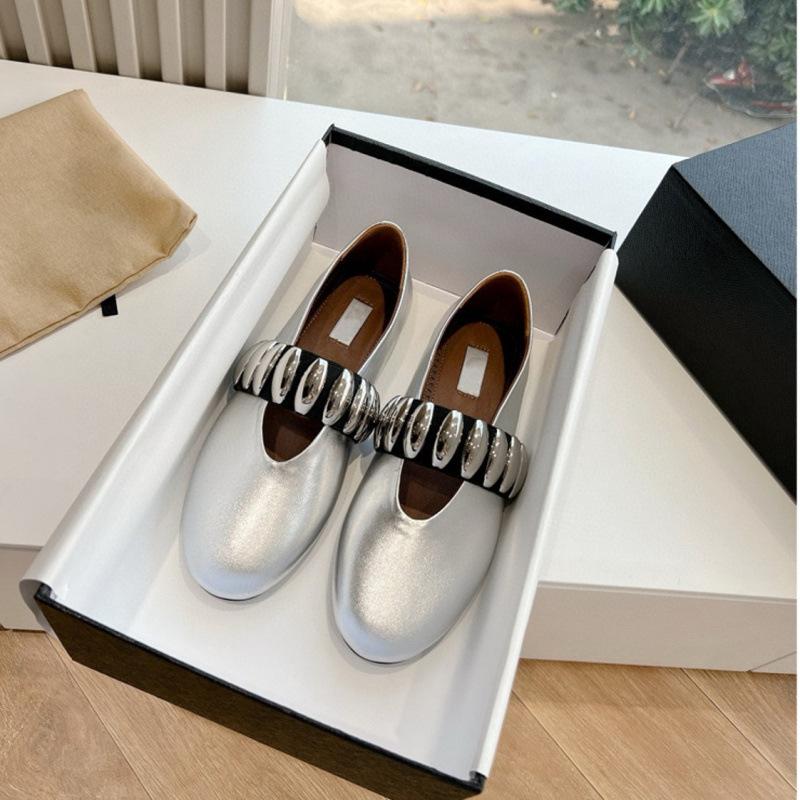 Spring Metal Buckle Elastic Band Ballet Shoes Women's Retro Leather Flat Bottom One Pedal Mary Jane Single Shoes