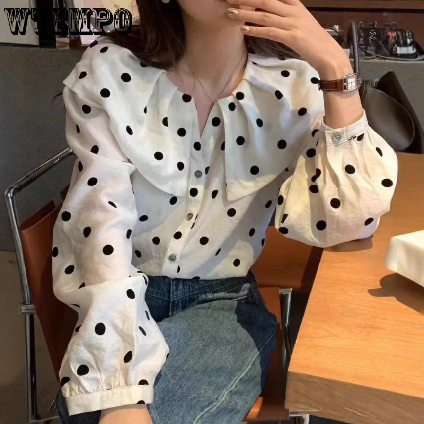 Рубашка с длинными рукавами и воротником-куколкой для женщин Sweet Style Color Collision Wave Point однобортная повседневная рубашка