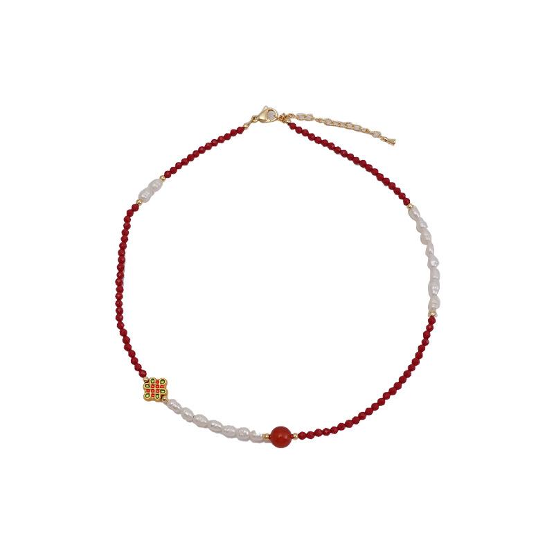 New Chinese Agate Beaded Necklace, Millet Bead Collarbone Chain, Guochao Retro Freshwater Pearl Sweater Chain, High-End Women