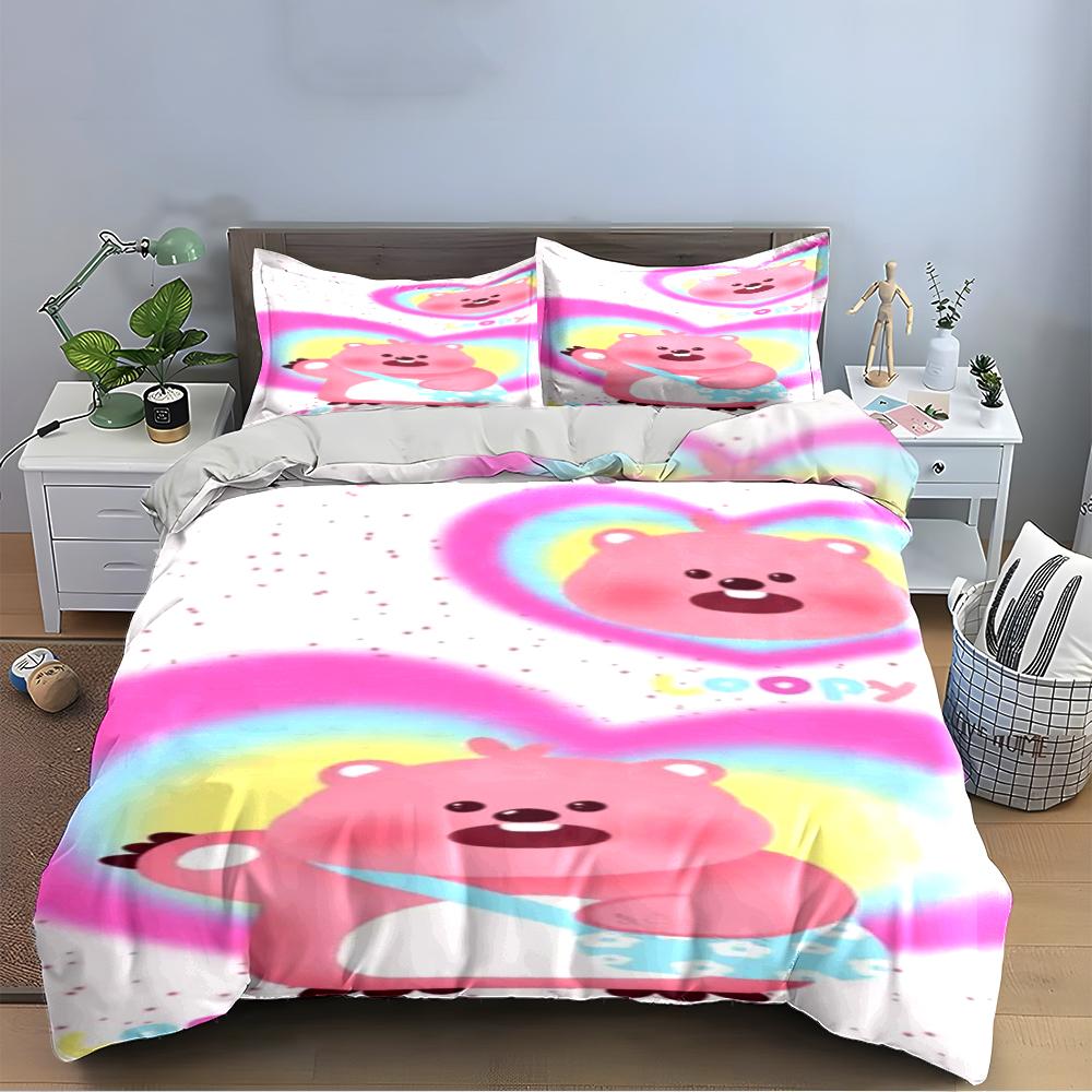 Pink Bear Print Bedding Set With Rainbow Bedding set (1 duvet cover, 2 pillowcases, duvet not included)