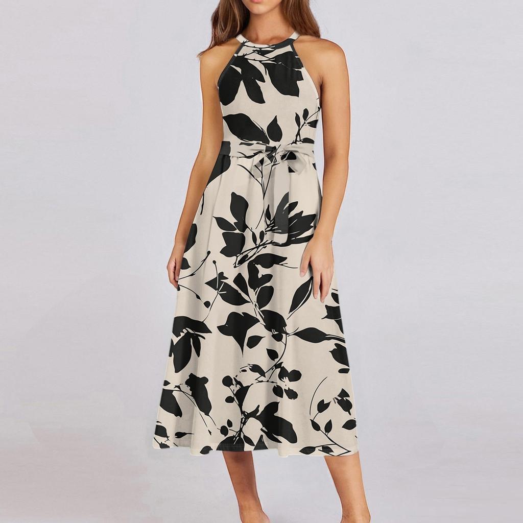 Женское повседневное платье миди с круглым вырезом, классическое, повседневное, без рукавов, свободное платье в стиле бохо с завязками, летний пляжный сарафан