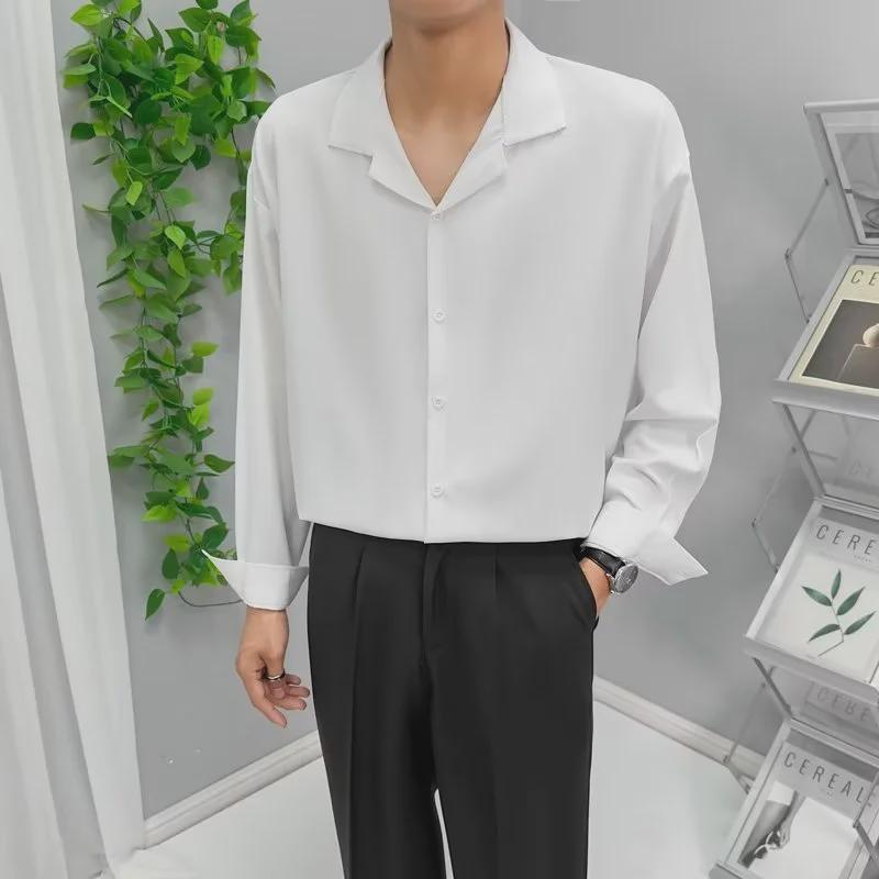 Мужская модная рубашка с длинными рукавами и кубинским воротником из ледяного шелка — свободная, повседневная, стильная для весны и осени