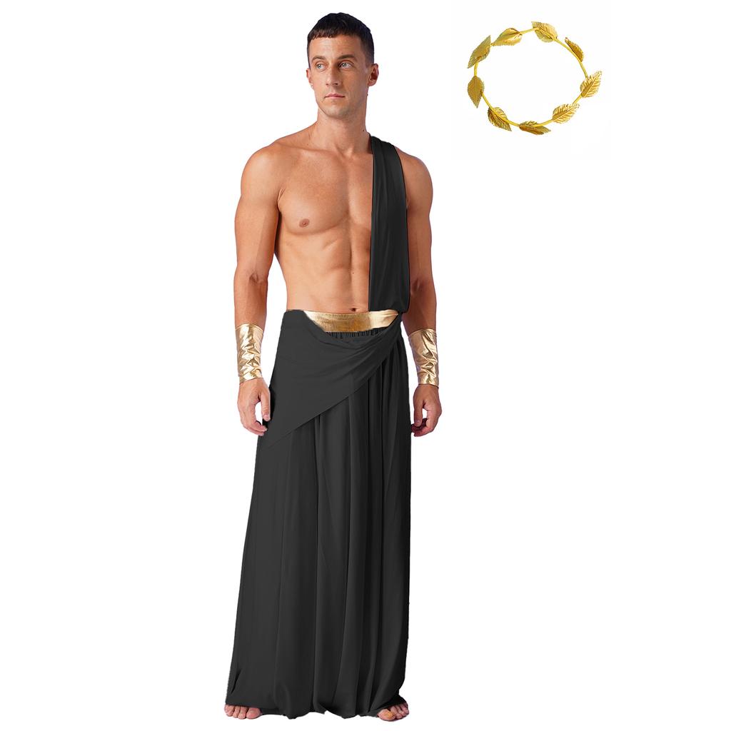 Mens Ancient Greek Costume Long Skirt Toga Set Wristbands Gold Leaf Headwear Halloween Cosplay Party Outfit