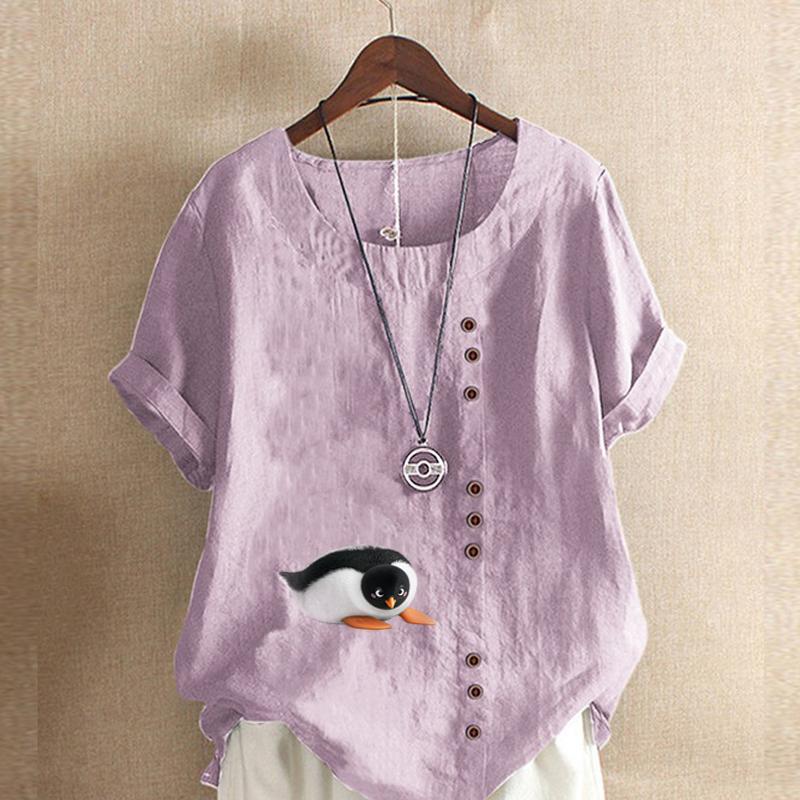 Women's Fashion Penguin Prined Round Neck Short Sleeve T-shirt Casual Cotton Linen Graphic Shirt Leisure Loose Summer Blouse Tops