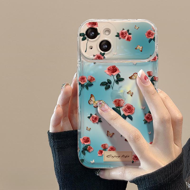 Full Screen Roses Suitable for Apple 16pro Spring and Summer Mobile Phone Case 15 Flip Mirror 14 Transparent Anti-fall 13 Silicone X