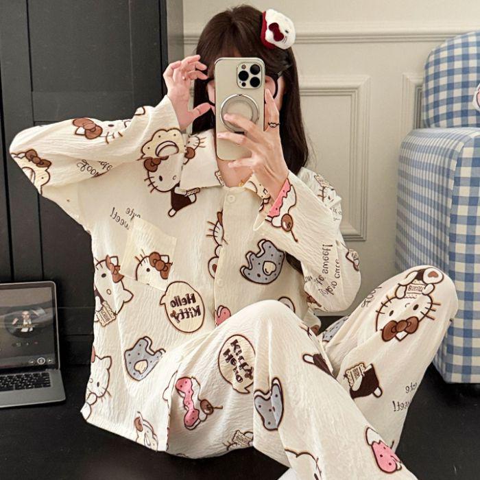 2025 Милый мультяшный женский пижамный комплект - Весенне-осенний кардиган с длинными рукавами и брюки