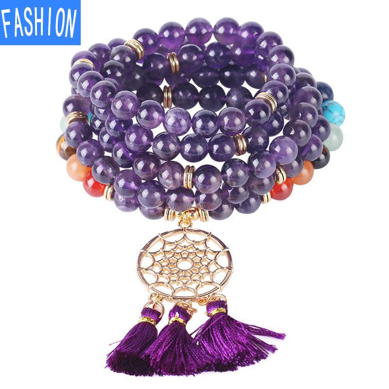 Браслет-четки из 108 бусин, индийский позолоченный браслет «Ловец снов», натуральный кристаллический камень, 7 чакр, браслет для йоги