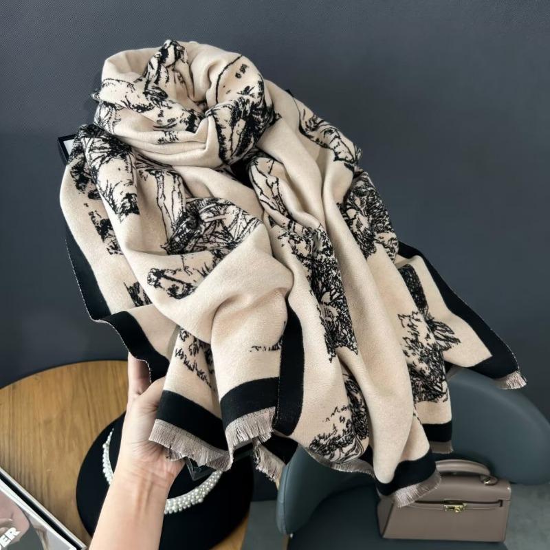 Winter Chinese Style New Retro Double-sided Printed Imitation Cashmere Scarf for Women, Thickened and Warm Versatile Shawl Wrap