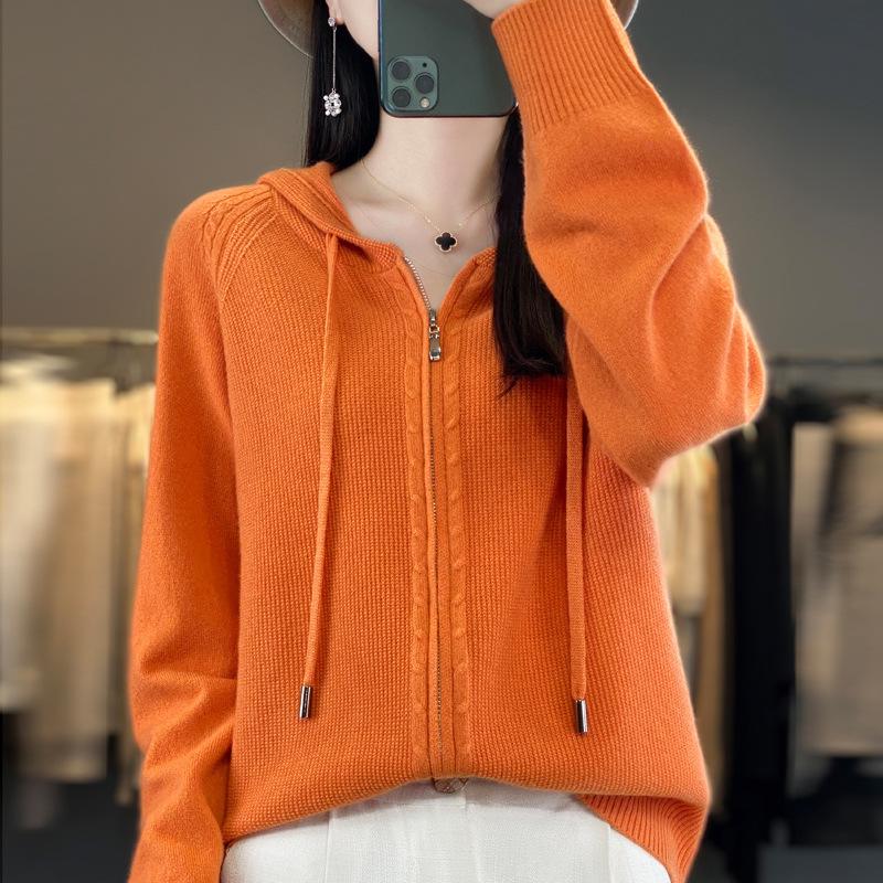 Кардиган с капюшоном на двойной молнии для женщин в осенне-зимней моде. Универсальная теплая вязаная куртка. Универсальная толстовка с длинным рукавом.