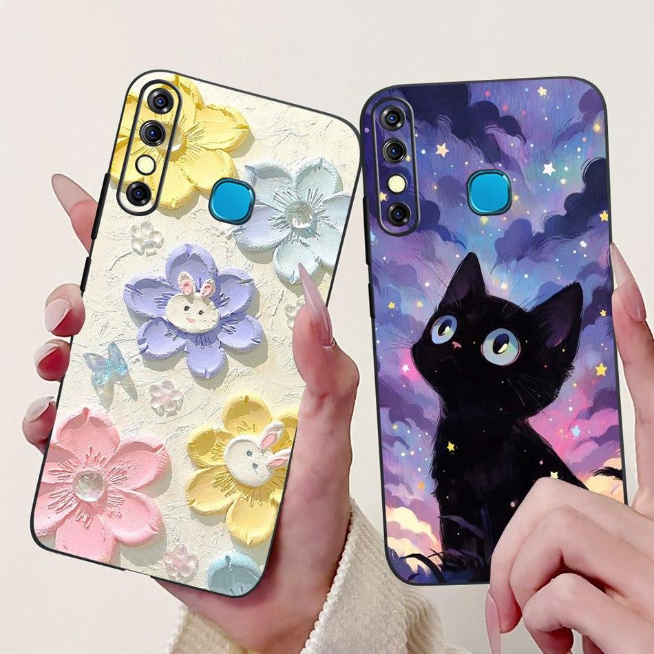 For Infinix Hot 8 Phone Case Hot 8 Lite Hot8 X650 X650C X650B X650D Elegant Floral Cat Pattern Black Silicone Soft TPU Cases