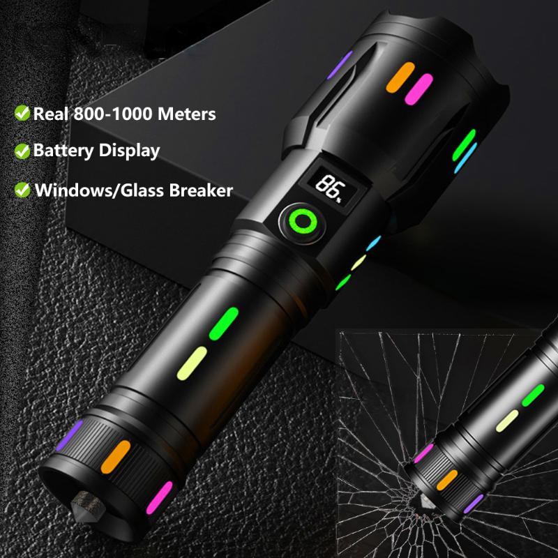 New White Laser Long Range Flashlight Type-C Charging Digital Display Fluorescent Bar Tail Hammer Zoom Flashlight Telescopic Flashlight