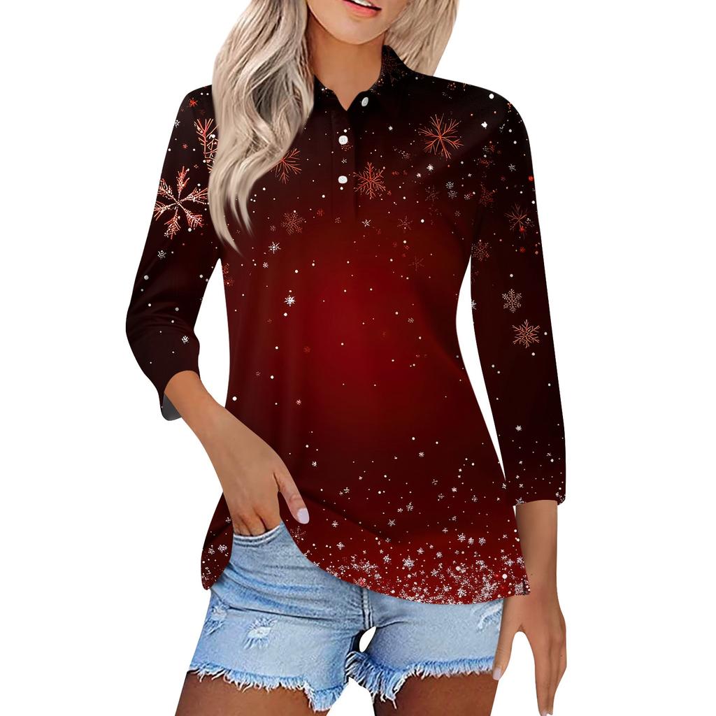 Women's Fashion Casual Lapel Short 3/4 Sleeve Christmas Print Shirt Women's Button Up Tops