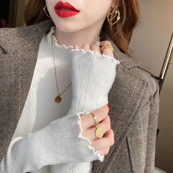 Wooden Ear Side Half Turtleneck Knitted Top For Women Autumn and Winter Knitwear Style Outside To Wear A New Coat Inside The Base