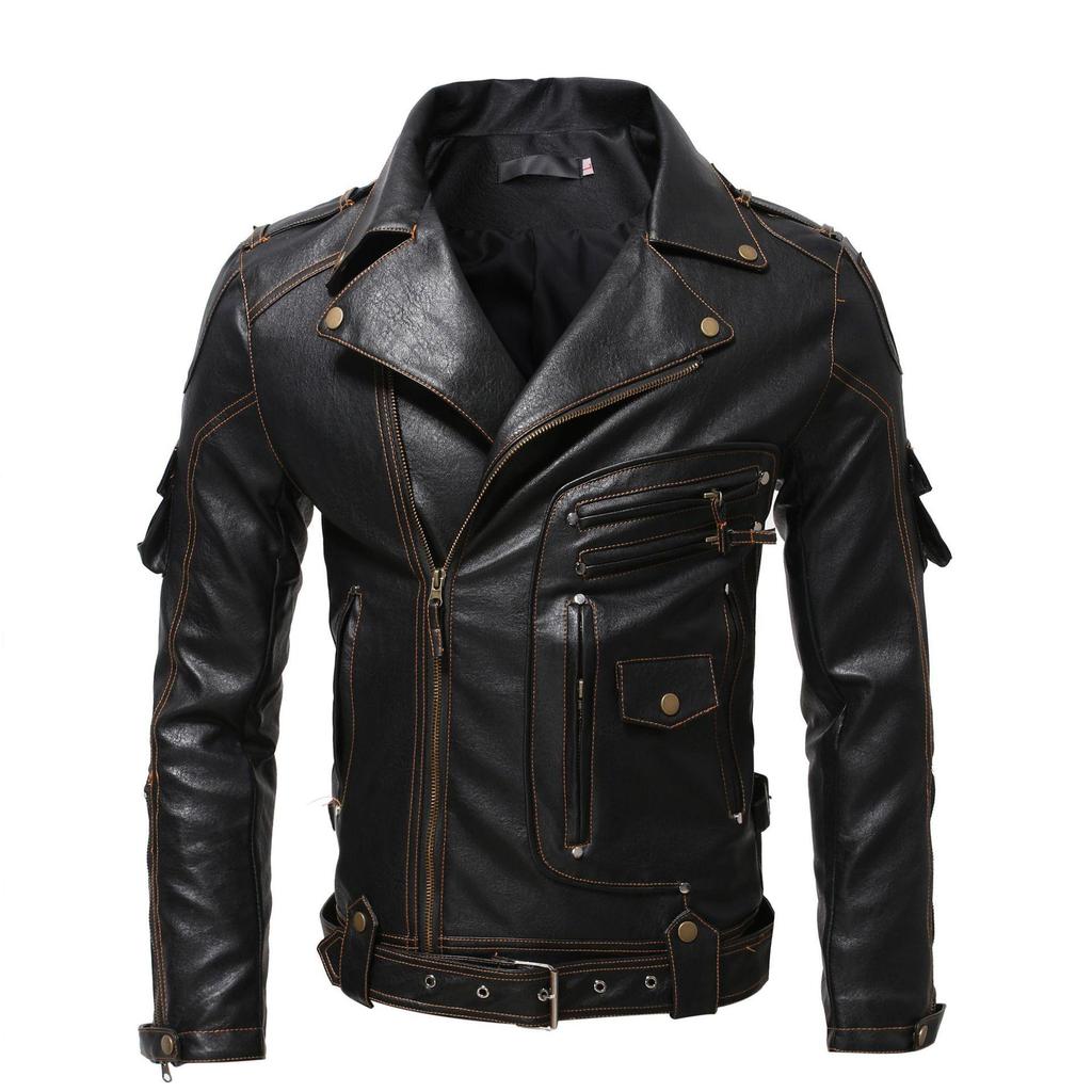 Men's Autumn and Winter Personalized Leather Jacket Slim Fit Multi Pocket Zipper Jacket