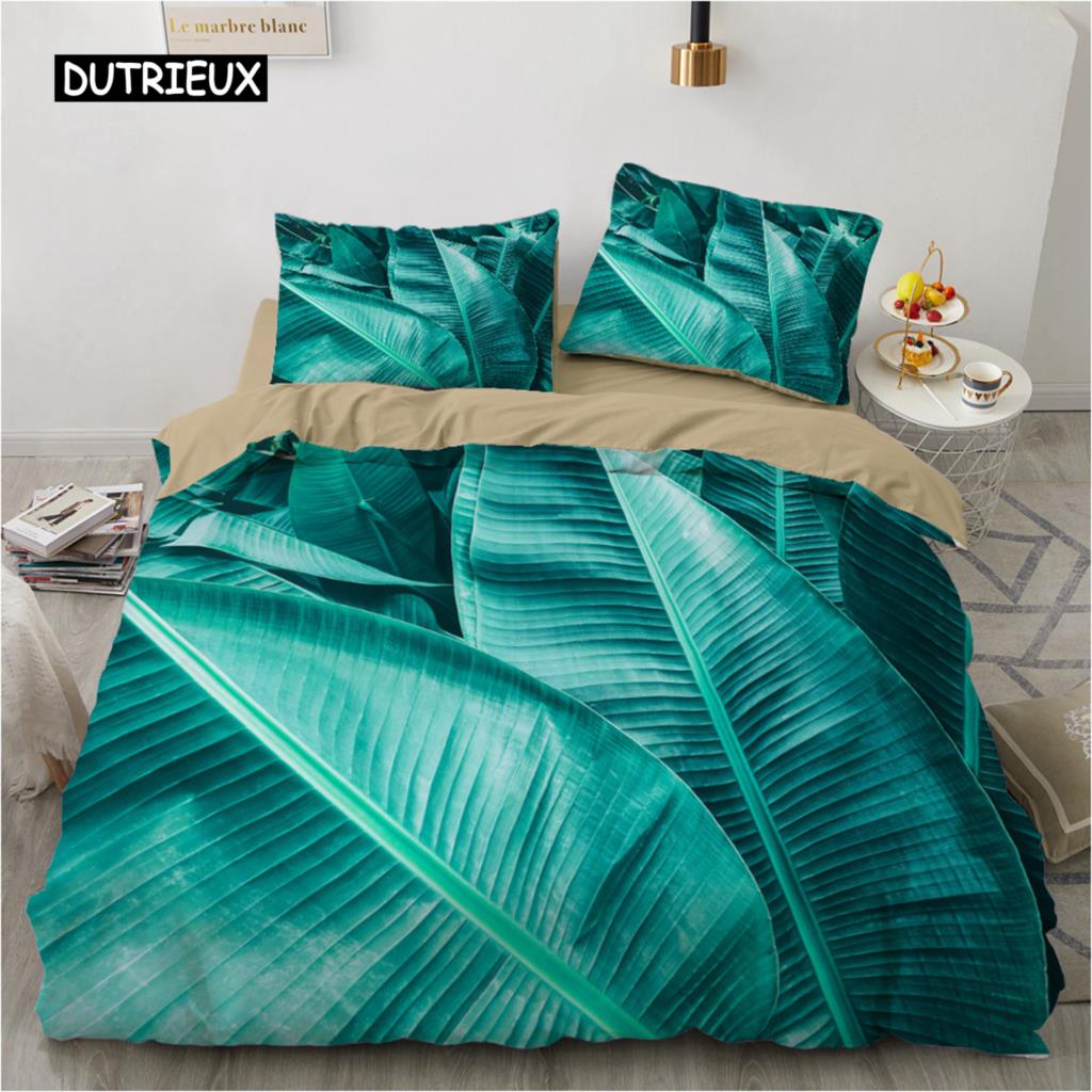 Green Leaves Bedding Set Plants Duvet Cover Set Design Palm Leaf Natural Scenery Bedroom Decoration for Women Children Teens Boy