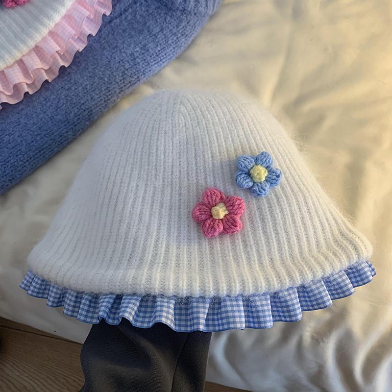 Милая плюшевая шляпа-ведро с цветком, женская осенне-зимняя теплая универсальная вязаная шапка с изображением лица, маленькая шерстяная шапка прилив