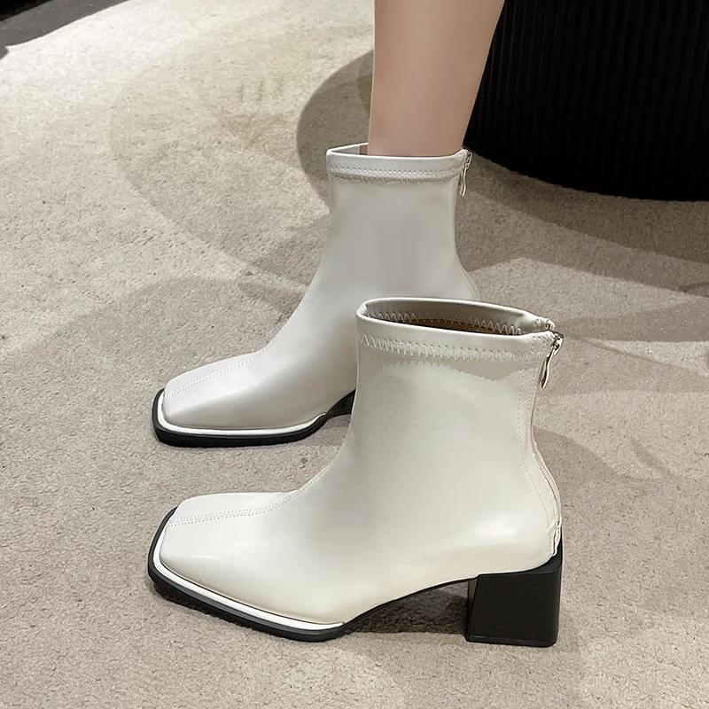 Мода 2024 года, новые осенние женские сапоги из тонкой эластичной кожи с низким бочонком, квадратная застежка-молния сзади, британская мода, короткие сапоги для женщин