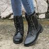 Fashion Retro Autumn/Winter Women's Western Cowboy Boots Lace Up Solid Color Side Zipper Low Heel Mid Calf Motorcycle Boot Goth Shoe