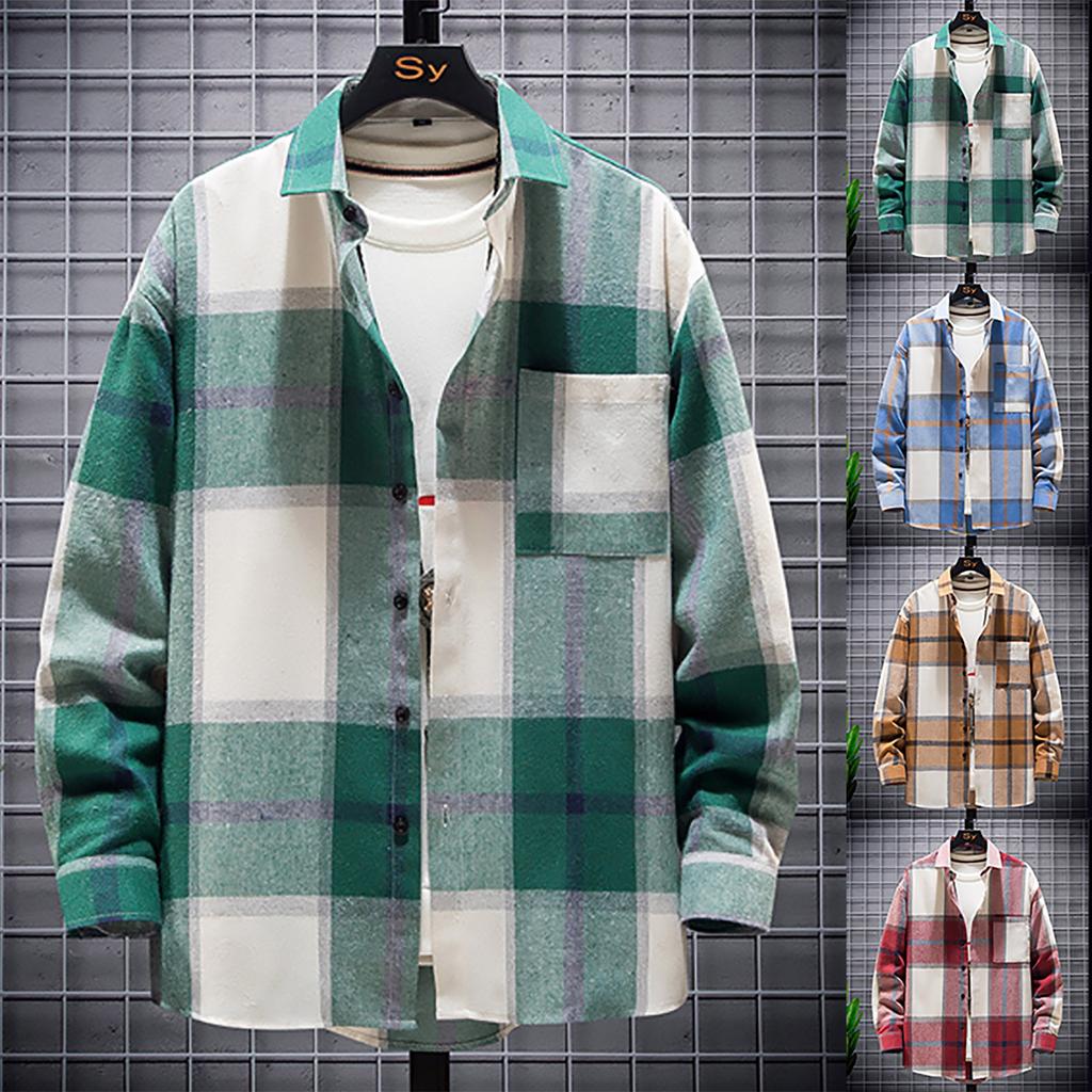 Mens Plaid Shirt, Comfortable Mix Color Button Down Plaid Shirt, Casual Long Sleeve Single-breasted T-Shirt Mens Top