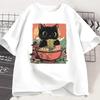 Cute Black Cat Eating Ramen T-Shirt Kids Adorable Graphic Tee Shirt Foodie and Cat Lover T-shirt Animal Printed Tees Top