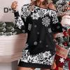 Women Fall Winter Dress Hollow Out One Shoulder Loose Snowflake Print Color Matching Christmas Style Long Sleeve Above Knee Length Mini Dress