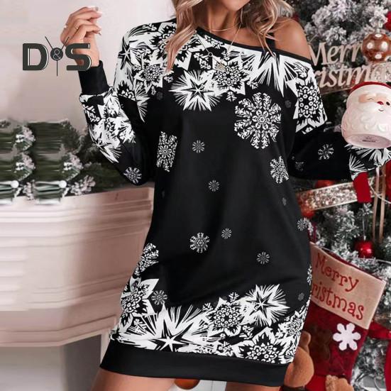 Women Fall Winter Dress Hollow Out One Shoulder Loose Snowflake Print Color Matching Christmas Style Long Sleeve Above Knee Length Mini Dress