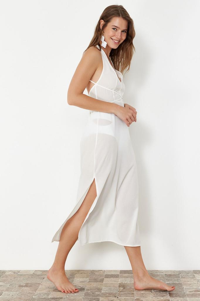 Женское стильное платье Черное тканое пляжное платье миди с открытой спиной