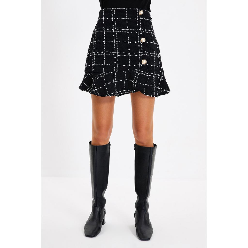 Burgundy Buttoned Tweed Fabric Mini Woven Skirt With Flounce Hem Twoaw22et0155