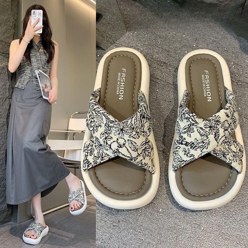 Женские летние шлепанцы на толстой подошве: Новый Китайский Стиль, Платформа-Бисквит, Белый/Черный