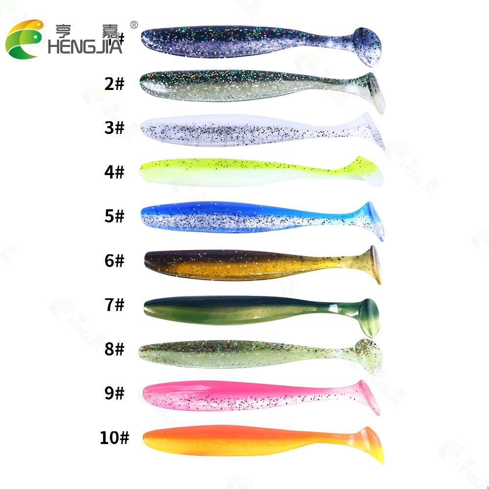 HENGJIA 6 шт., двухцветные блестящие рыболовные приманки, мягкая приманка, 9 см, искусственная приманка, снасти, джеркбейты, приманка для плавания, Т-образный хвост для щуки и окуня