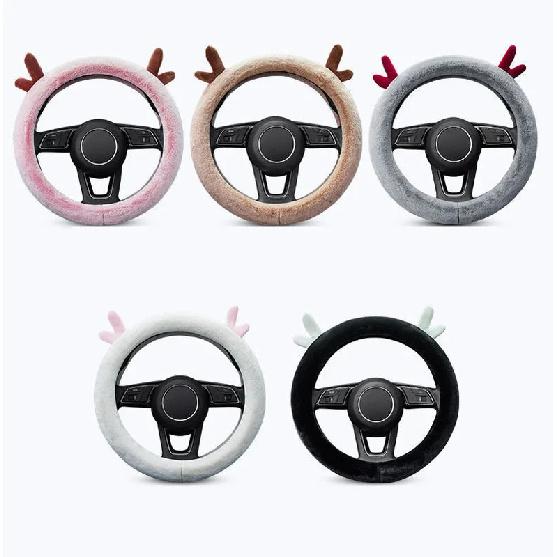 Car Accessories Winter Warmth Steering Wheel Cover Christmas Gift Cute Antlers Steering Wheel Protections Cover Plush Anti-Slip