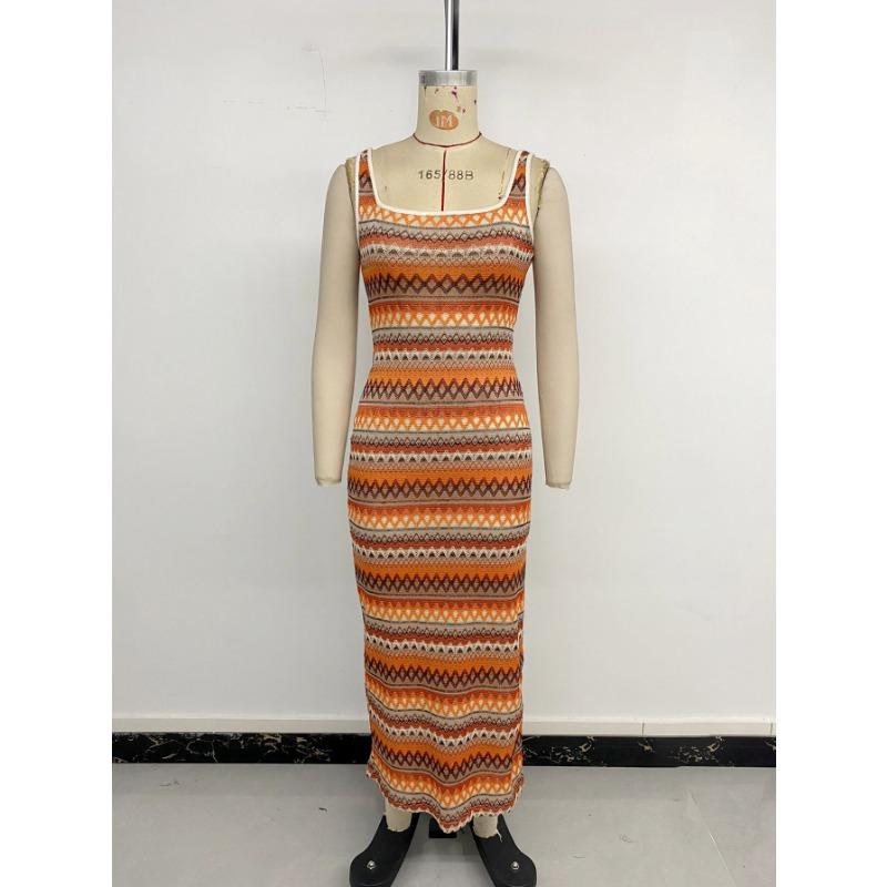 Женское праздничное повседневное платье-слип с разрезом, жаккардовое платье в геометрическую полоску