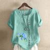Women's Fashion Round Neck Short Sleeve T-shirt Casual Cotton Linen Graphic Shirt Leisure Loose Elephant Prined Summer Blouse Tops